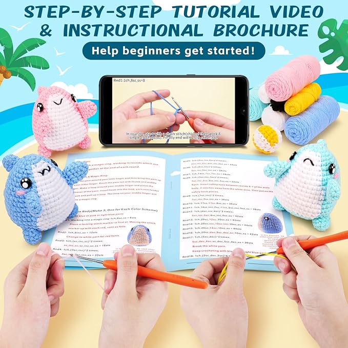 Crochet Kit for Beginners -3 PCS Sharks with a Ball Crochet Kit with Step-by-Step Video Tutorials, Beginner Crochet Kits for Adults Kids, Crochet Animal Kit, Shark Beach Party Crocheting Set-CubbioJoy