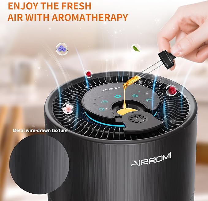 AIRROMI Air Purifier for Bedroom with HEPA 3-in-1 Filter, Pet Air Purifier for Home Cat Pee Smell, Covers Upto 990 Ft², Quiet 360°intake Air Cleaner for pet hair,allergies,Dust,Smoke A2001 Black-CubbioJoy