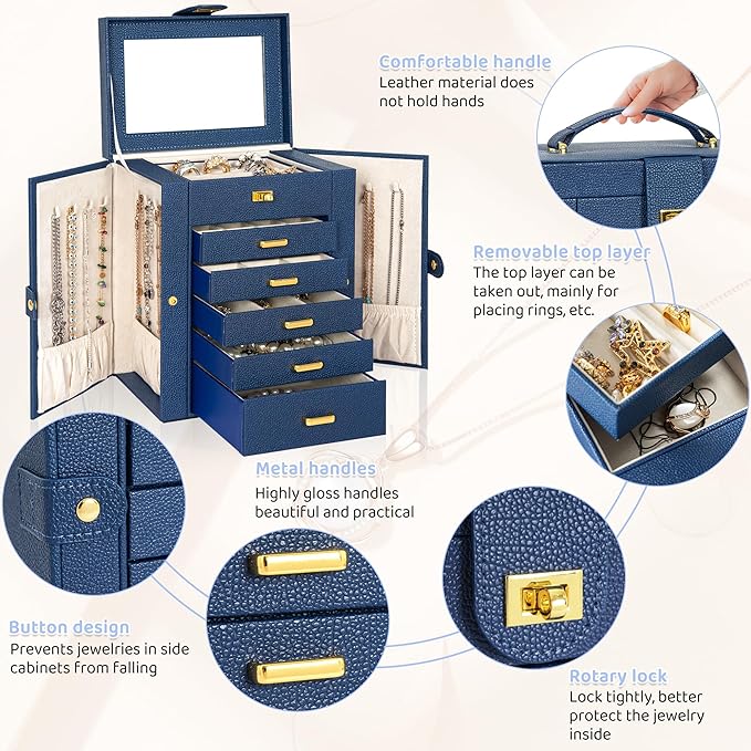 AKOZLIN Jewelry Box Organizer Functional Leather Jewelry Storage Case for Women Girls Ring Necklace Earring Bracelet Holder Organizer with Mirror Blue-CubbioJoy