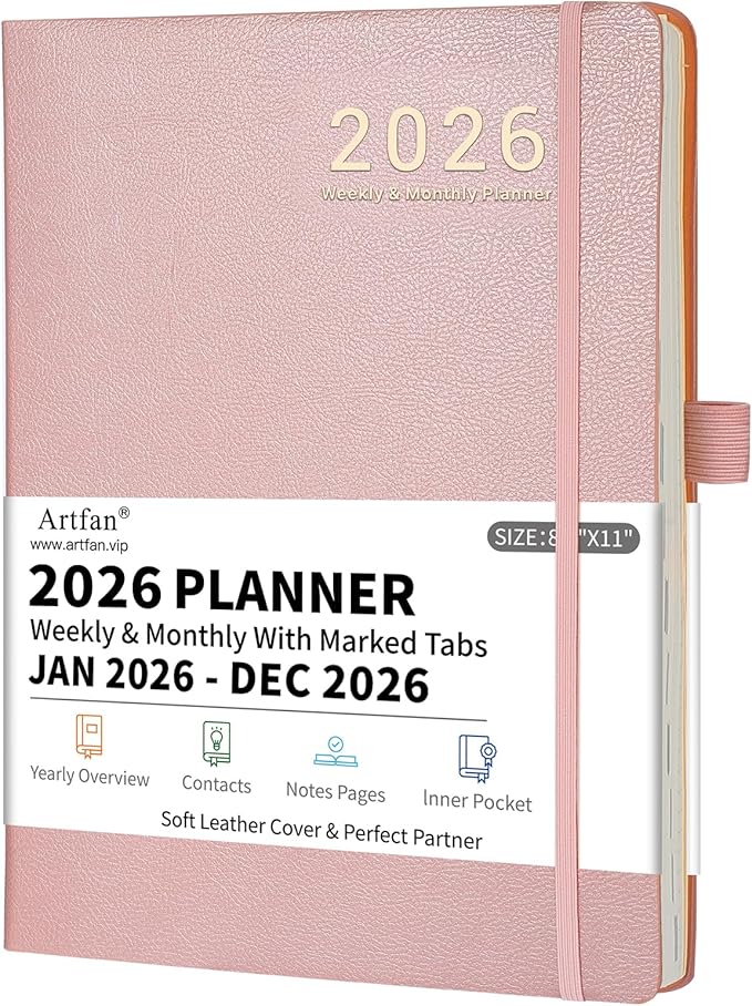 2026 Planner - JAN 2026 - DEC 2026, Planners 2026, Planner Weekly and Monthly, Leather Cover Calendar Planers with Thick Paper, Back Pocket with Notes Pages, Pink (8.5" x 11")-CubbioJoy