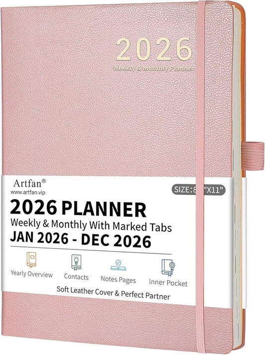 2026 Planner - JAN 2026 - DEC 2026, Planners 2026, Planner Weekly and Monthly, Leather Cover Calendar Planers with Thick Paper, Back Pocket with Notes Pages, Pink (8.5" x 11")-CubbioJoy