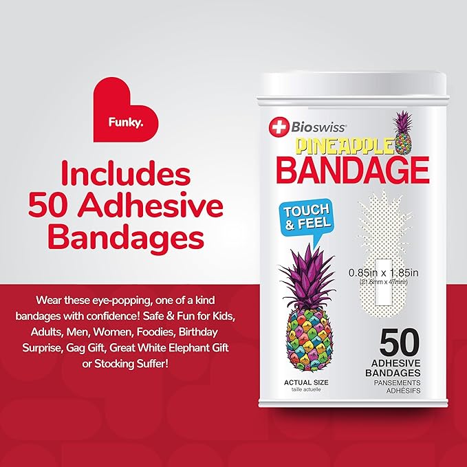 BioSwiss Bandages, Pineapple Shaped Self Adhesive Bandage, Latex Free Sterile Wound Care, Fun First Aid Kit Supplies for Kids, 50 Count-CubbioJoy