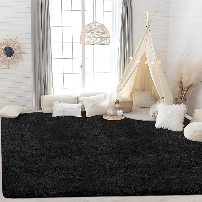 4x6 Area Rug for Living Room: Fluffy Shag Soft Washable Rugs Fuzzy Plush Indoor Carpet for Bedroom Nursery Playroom Dorm Kids Girls Boys Room (Black, 4'x6')-CubbioJoy