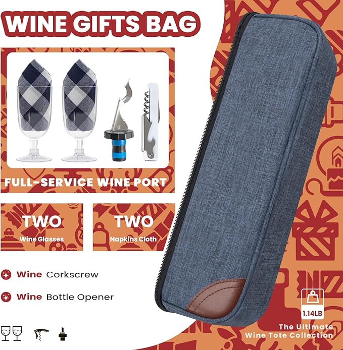 ALLCAMP Wine Bag - Insulated Cooler Bag with Wine Glasses, Bottle Opener & Wine Accessories for Wine Lovers - Portable Wine Gift Bag for Travel, Picnics, and Gift Ideas(Blue)-CubbioJoy