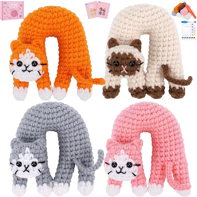 Crochet Kit for Beginners, 4 Pack Funny Cat Crochet Kits, Animal Starter Crochet Kit with Step-by-Step Video Tutorials, Easy DIY Cat Craft for Adults & Kids, Novelty Gift for Crochet Lovers-CubbioJoy