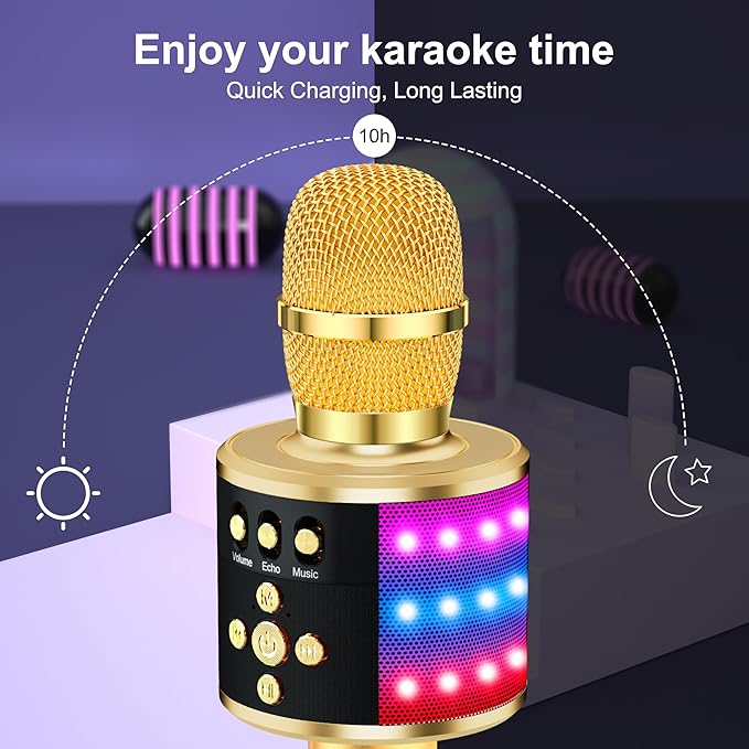 BONAOK Karaoke Microphone for Kids & Adults - Bluetooth Microphones Singing Mic with Disco Lights, Echo Effect, Built-in Speaker Portable Karaoke Player for Party Travel Gifts Q78(Gold)-CubbioJoy