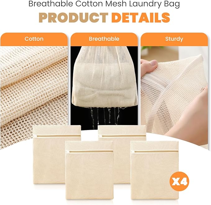 4Pcs Cotton Mesh Laundry Bags for Delicates,Breathable Mesh Garment Bag for Washing Machine,Travel Wash Bags with Zipper for Bras,Underwear,Socks,Baby Clothes,Laundry Dorm Room Essentials(S)-CubbioJoy