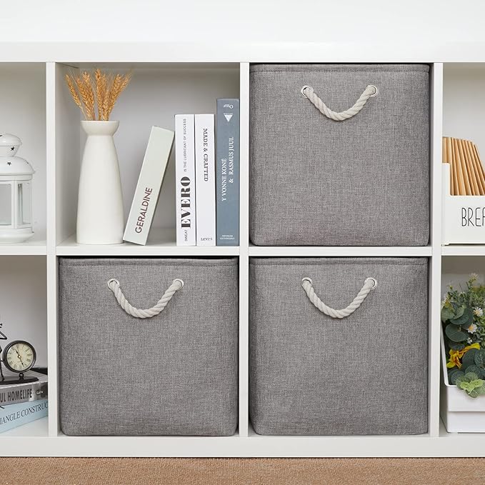 Bidtakay Grey Baskets Foldable Storage Cube Bins 13x13x13 Cube Storage Organizer Closet Set of 3 Fabric Storage Baskets for Home Office Large Baskets for Nursery Baby Toy Storage-CubbioJoy