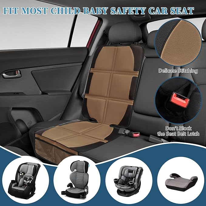 Car Seat Protector, 2 Pack Baby CarSeat Covers with Mesh Pockets & Non-Slip Backing 600D Durable Seat Protectors Under Car Seat for Baby (Black & Brown, Large)-CubbioJoy