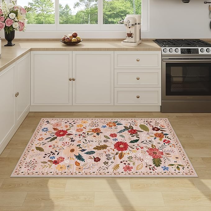 3x5 Area Rug, Floral Pink Washable Rug for Entryway, Non Slip Flower Area Rugs, Soft Low Pile Indoor Doormat Small Carpet, Rugs for Living Room Bedroom Nursery Kitchen Dining Room, Pink/Beige-CubbioJoy