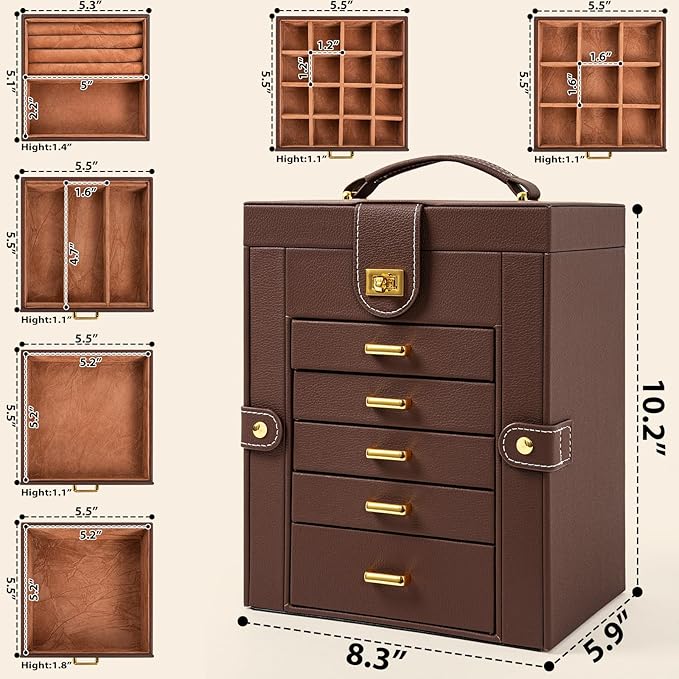 AKOZLIN Jewelry Box Organizer Functional Leather Jewelry Storage Case for Women Girls Ring Necklace Earring Bracelet Holder Organizer with Mirror Brown-CubbioJoy
