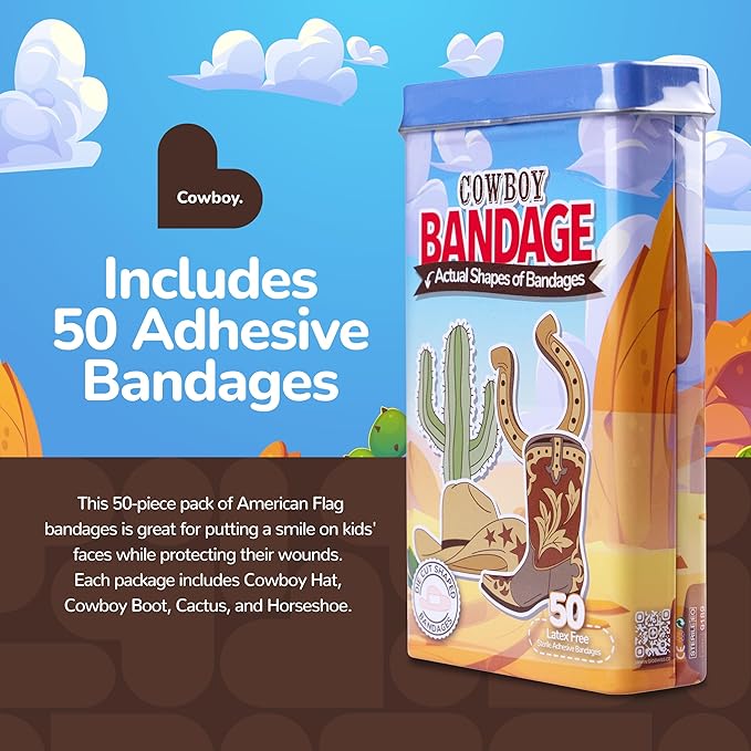BioSwiss Bandages, Cowboy Shaped Self Adhesive Bandage, Latex Free Wound Care, Fun First Aid Kit Supplies for Kids and Adults, 50 Count-CubbioJoy