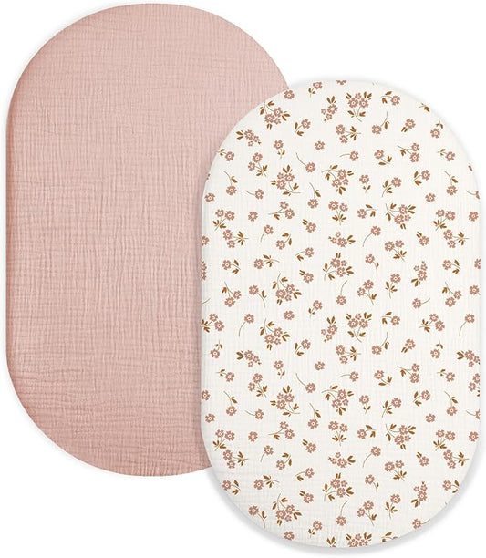 Bassinet Sheet for Baby Boy and Girl 2 Pack, Fitted Sheets for Rectangle, Oval, Hourglass Bassinet Mattress, Muslin Moses Basket Sheets with Neutral Style (Floral & Pink)-CubbioJoy