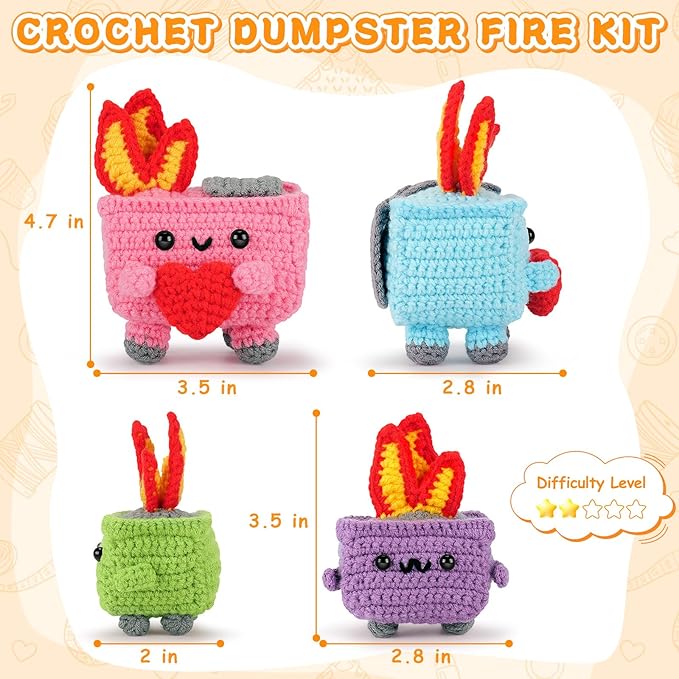 Crochet Kit for Beginners - 4PCS Dumpster Fire Complete Crochet Starter Kit with Step-by-Step Video Tutorials, Beginner Crochet Kits for Adults Kids Women, Funny Crochet Gifts-CubbioJoy