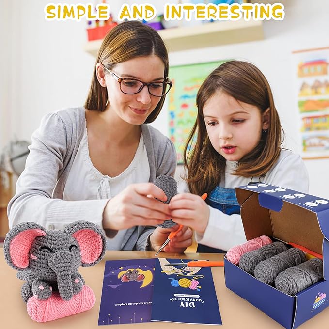 Crochet Kit for Beginners - Elephant Crochet Kits with Step-by-Step Video Tutorials, Beginner Crochet Kit for Adults, Crochet Animal Kit for Kids, Goodnight Elephant Crocheting Set (Grey)-CubbioJoy