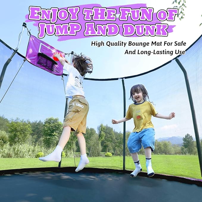 8FT 10FT 12FT 14FT Outdoor Trampoline with Basketball Hoop and LED Lights, ASTM Approved Recreational Trampolines for Kids and Adults with Net and Ladder-CubbioJoy