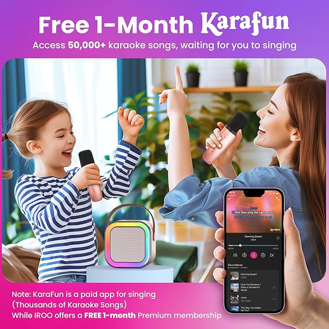 IROO Mini Karaoke Machine for Kids, 2025 TOP Toys Birthday Gifts Ideas for Girls Ages 4, 5, 6, 7, 8, 9, 10, 12+ Years Old, Portable MP3 Player with 2 Wireless Mics for Party-CubbioJoy