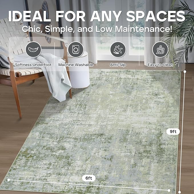 6x9 Area Rugs for Living Room Rug Washable: Modern Rug for Dining Room Bedroom Carpet Non Slip Low Pile 6 by 9 Indoor Abstract Nursery Home Office Green-CubbioJoy