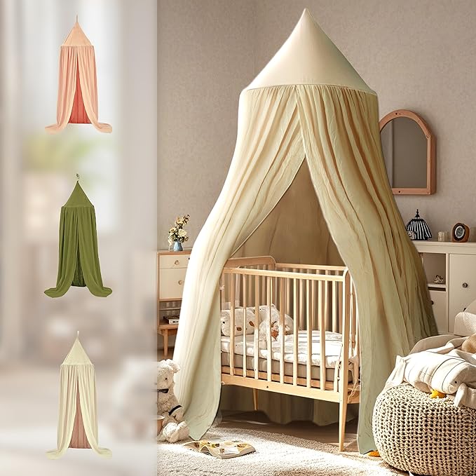 Cotton Kids Bed Canopy, Nursery Room Baby Crib Hanging Curtain Mosquito Net Hideaway Bedding Children Reading Nook Decoration, Pastel Neutral Color for Boys & Girls (Beige)-CubbioJoy