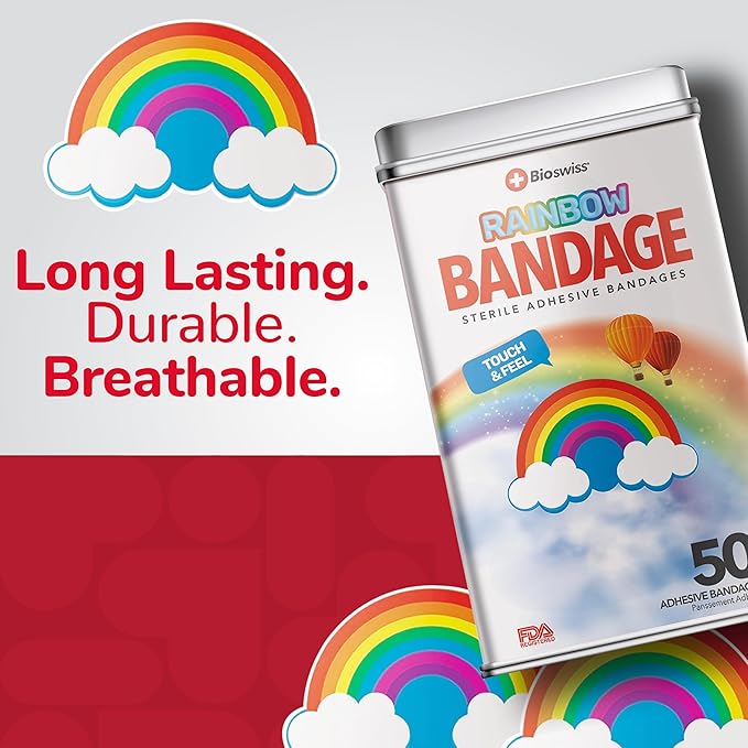 BioSwiss Bandages, Rainbow Shaped Self Adhesive Bandage, Latex Free Sterile Wound Care, Fun First Aid Kit Supplies for Kids, 50 Count-CubbioJoy