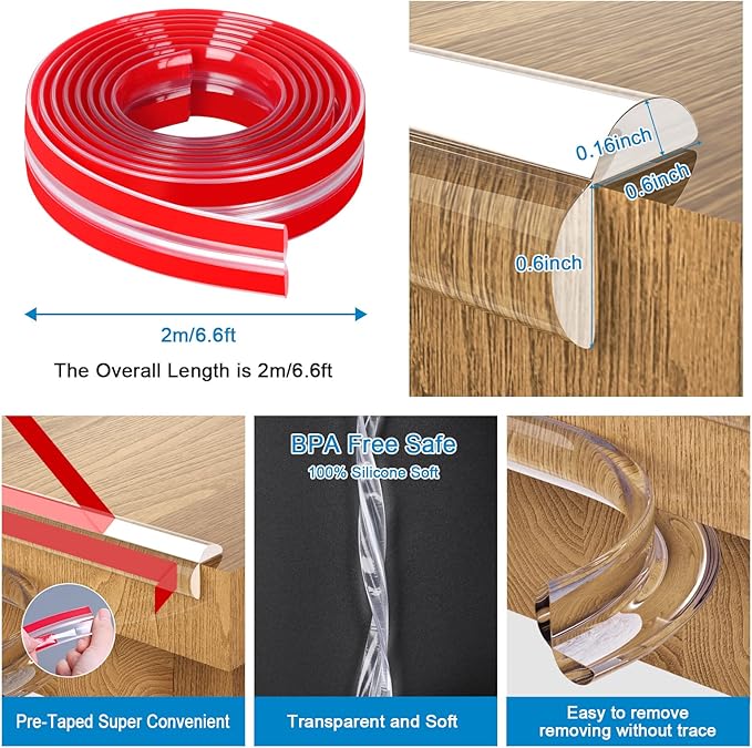 Baby Proofing, 0.6in Edge Protector Strip Clear, Thickened Silicone Soft Corner Protectors with Upgraded Pre-Taped Strong Adhesive, 6.6ft Edge Protectors for Sharp Corners of Cabinets, Tables, Drawers-CubbioJoy