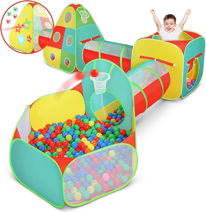 5pc Kids Play Tent for Toddlers with Ball Pit, Crawl Tunnel, Indoor & Outdoor Playhouse, Jungle Gym, Toys for Boys & Girls, Includes Dart Balls, Teepee & Basketball Hoops-CubbioJoy