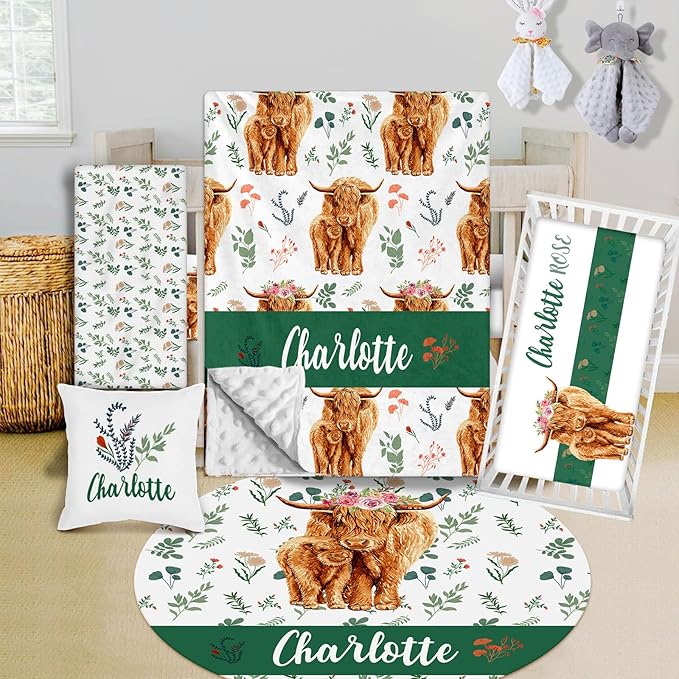 Custom Crib Bedding Set - Highland Cow Design Personalized Name Baby Nursery Bed 3 Pcs Set - Chic Soft Blanket with Dotted Backing, Sheet, Pillowcase for Newborn Girls Boys Gifts Color04-CubbioJoy