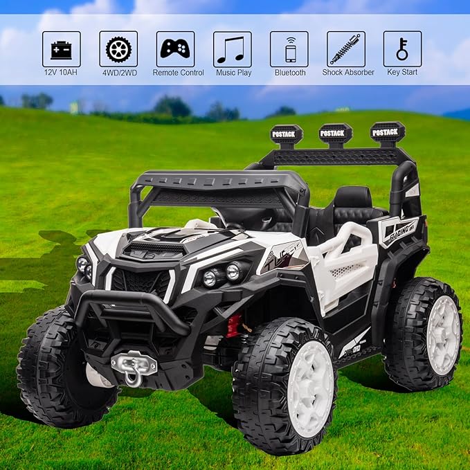 24V Ride On Car for Kids, 4x4 Kids Electric Car with Remote Control Off Road, Children Car with Bluetooth 3 Speeds LED Lights Storage Trunk,White-CubbioJoy