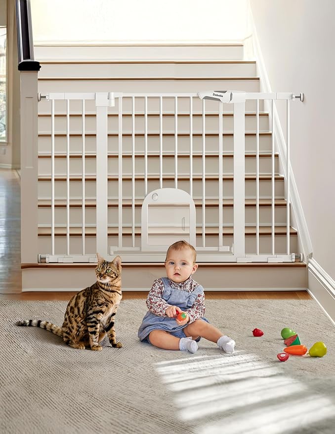 Babelio 29-48" Extra Wide Baby Gate with Adjustable Cat Door,Easy Install Pressure/Hardware Mounted,Auto Close Pet door for Stairs,House,Doorways,Effortless Walk Thru,White-CubbioJoy