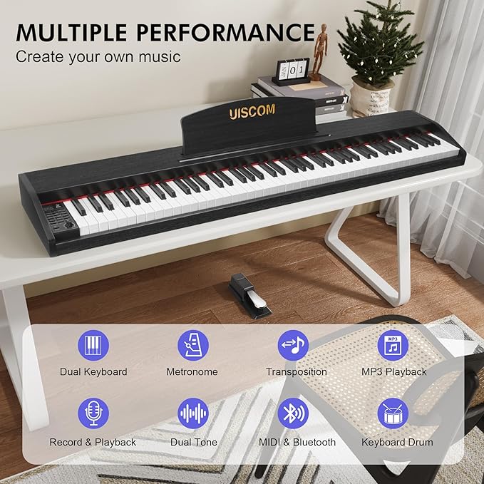 88 Key Digital Piano Keyboard for Beginners,Full Size Electric Piano Semi-Weighted Keyboard with Sheet Music Stand,Pedal,Headphone,Power Adapter,USB-MIDI Compatibility,Wood Grain Black-CubbioJoy