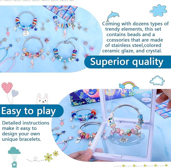 AIPRIDY Charm Bracelet Making Kit,Unicorn Mermaid Crafts Gifts Set Can Inspires Imagination and Creativity,Jewelry Making Kit Perfect Gifts for Girls 5-12 Years Old(72 Pieces Mermaid Aqua)-CubbioJoy