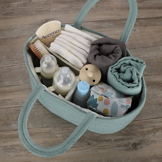 Diaper Caddy Organizer for Baby Cotton Rope Nursery Storage Bin Basket Portable Holder Tote Bag for Changing Table Car Travel Baby Shower Gifts Newborn Essentials Registry Must Haves Light Green-CubbioJoy