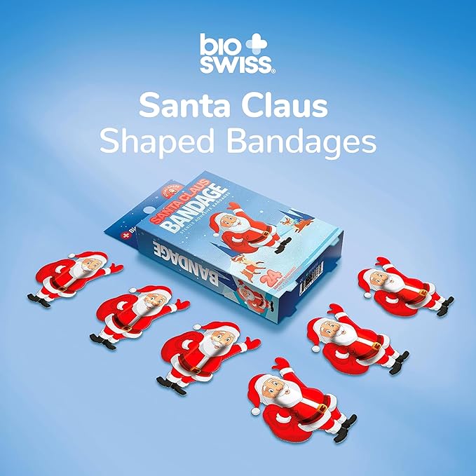 BioSwiss Bandages, Santa Claus Shaped Self Adhesive Bandage, Latex Free Sterile Wound Care, Fun First Aid Kit Supplies for Kids, 24 Count-CubbioJoy