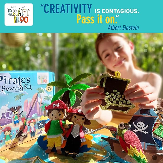 CRAFTILOO Pirates Pre-Cut Fun Kids Sewing Kit for Kids Ages 8-12 Children Beginners Sewing kit Kid Crafts Make Your Own Felt Pillow Plush Craft Kit Girls and Boys Art Craft Kits Learn to Sew Kit-CubbioJoy