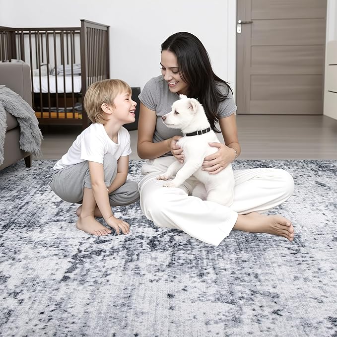 8x10 Area Rug Living Room Rug: Washable Modern Abstract Soft Thin Rug Indoor Floor No Slip Stain Resistant Carpet for Bedroom Dining Room Farmhouse Nursery Home Office - Grey-CubbioJoy