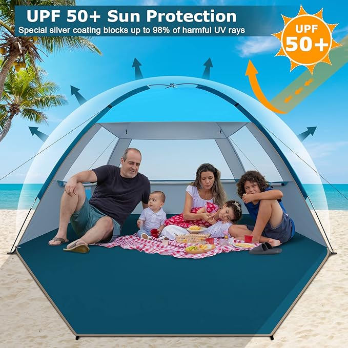 COMMOUDS Beach Tent Sun Shade for 3/4-5/6-7/8-10 Person, UPF 50+ Beach Sun Shelter Canopy Tent, Lightweight, Easy Set Up and Carry-CubbioJoy