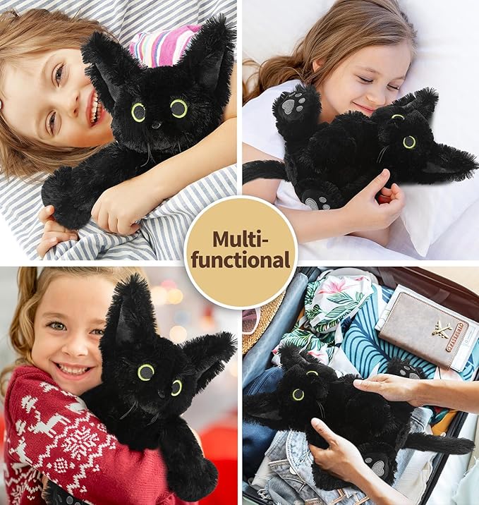 Cuckool Black Cat Stuffed Animals, Microwavable Stuffed Animals Heating Pad for Cramps, Pain Stress Relief, Heatable & Coolable Lavender Scented Cat Plush Toys for Anxiety, Women & Kids Bedtime-CubbioJoy