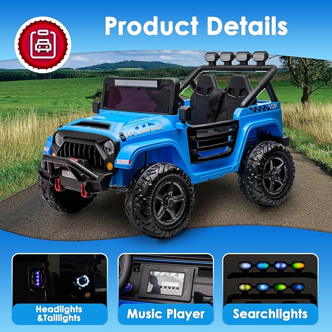 24V 2 Seater Ride On Truck with Remote Control 4WD Electric Car for Kids Ride On Car Battery Powered Ride On Toy Car with Music Player, LED Lights, Bluetooth, Rear Shock Absorber, Blue-CubbioJoy