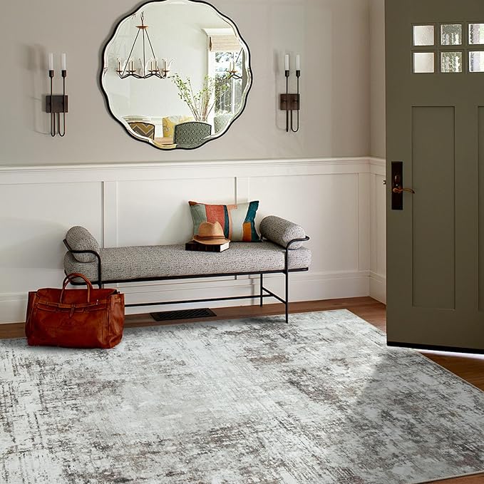 5x7 Area Rugs for Living Room Rug Washable: Modern Rug for Dining Room Bedroom Carpet Non Slip Low Pile 5 by 7 Indoor Abstract Nursery Home Office Brown Grey-CubbioJoy