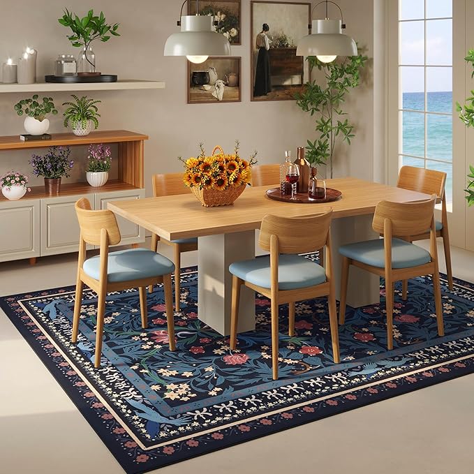 Area Rugs 8x10 for Living Room Clearance Washable Vintage Floral Botanical Rug Non Slip Low Pile Large Rug for Bedroom, Farmhouse, Dining Room, Kids Playroom, Blue-CubbioJoy
