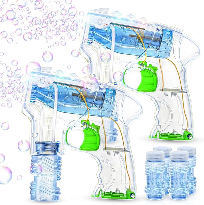 Kid Odyssey 2 Pack Bubble Gun with 4 Refill Solution and 3 Colorful LED Light, Bubble Machine for Kids, Bubble Maker for Party Favors, Birthday Gift, Indoor Outdoor Toys for Toddlers-CubbioJoy