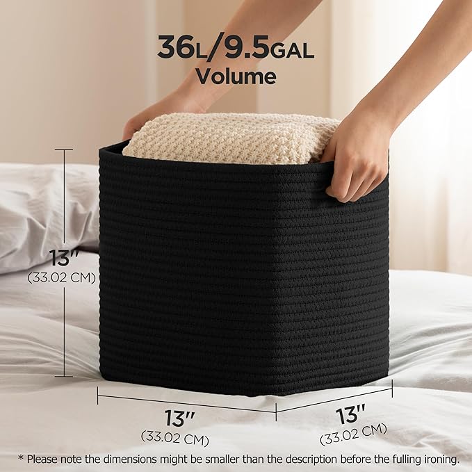 joybest Cube Storage Bins Set of 4, 13inch Cube Baskets Organizer for Nursery, Square Cotton Rope Baskets for Shelves Organizing, Kids Toy, Closet Storage, Black-CubbioJoy