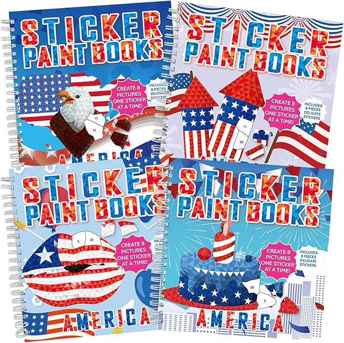 4Pcs Patriotic Paint by Sticker Books Sticker by Number Books Activity Book Puzzle Book Craft Art Gift Memorial Day 4th of July American Star 32 Pictures-CubbioJoy