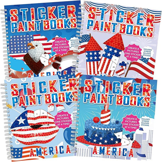 4Pcs Patriotic Paint by Sticker Books Sticker by Number Books Activity Book Puzzle Book Craft Art Gift Memorial Day 4th of July American Star 32 Pictures-CubbioJoy