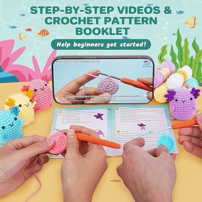 Crochetta Crochet Kit for Beginners, Crochet Starter Kit w Step-by-Step Video Tutorials, Beginner Crochet Kit for Adults Kids Women Men Complete Kit Included (4 Mini Axolotls)-CubbioJoy