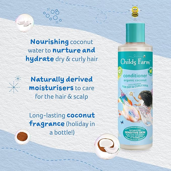 Childs Farm, Kids Coco-Nourish Leave in Conditioner, Organic Coconut ,Curly & Coily Hair, Conditions & Nourishes, Suitable for Dry, Sensitive & Eczema-Prone Skin & Scalp, 4.2 Fl Oz-CubbioJoy
