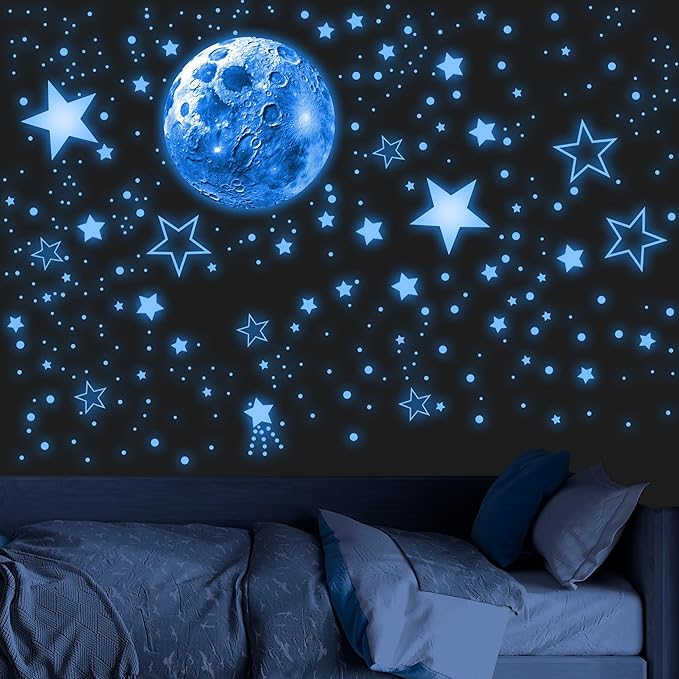 965 PCS Glow in The Dark Stars and Moon for Ceiling, Luminous Stars and Planet Wall Decals, Kids Room Decor, Glowing Galaxy Wall Stickers for Nursery Decorations (Blue)-CubbioJoy