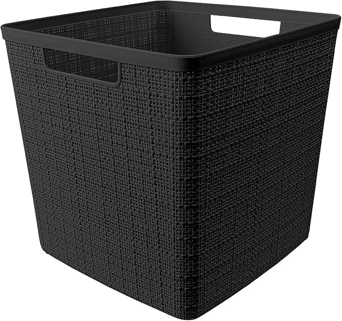 Curver Set of 4 Jute Large Cube Decorative Plastic Organization and Storage Baskets, Perfect Bins for Home Office, Closet Shelves, Kitchen Pantry and All Bedroom Essentials, Black-CubbioJoy