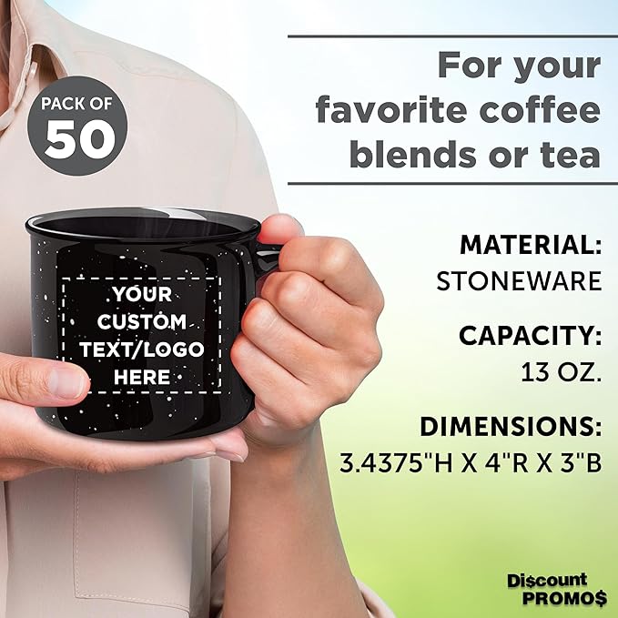 DISCOUNT PROMOS Custom Ceramic Campfire Coffee Mugs 13 oz. Set of 50, Personalized Bulk Pack - Perfect for Tea, Espresso, Cappuccino, Hot Cocoa - Black-CubbioJoy