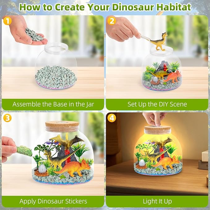Dinosaur Light Up Terrarium for Boys – DIY Prehistoric Garden with LED | STEM Toy & Craft Gift for Kids Ages 4-8, Perfect for Birthday or Christmas-CubbioJoy